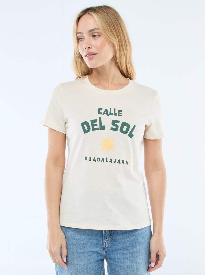 T-shirt femme en coton imprimé à col rond Vert - Kiabi