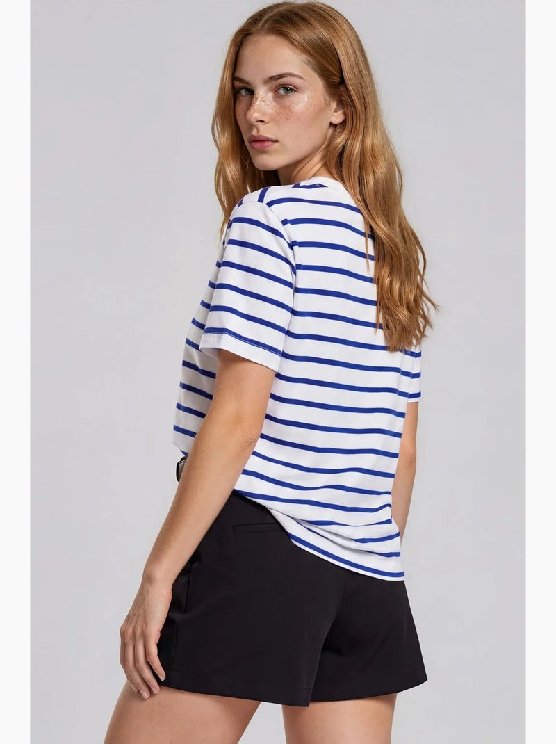 T-shirt femme en coton rayé à col rond busem Blanc Bleu - Kiabi