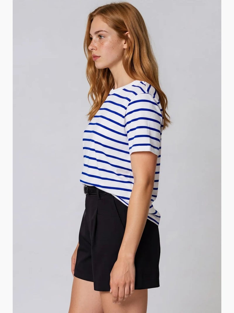 T-shirt femme en coton rayé à col rond busem Blanc Bleu - Kiabi