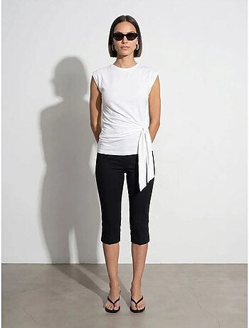 T-shirt femme en coton sans manches à col rond et lien