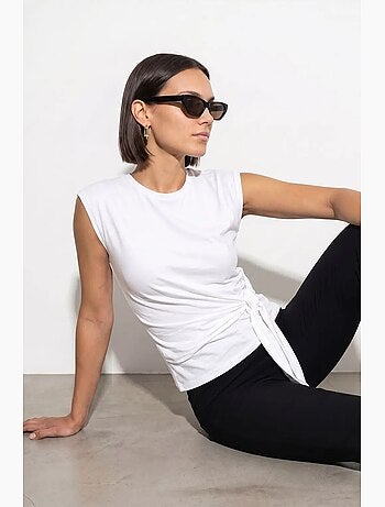 T-shirt femme en coton sans manches à col rond et lien dilvin