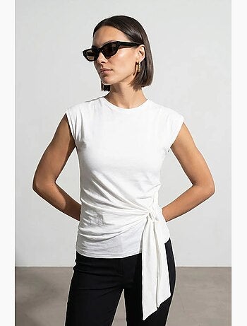 T-shirt femme en coton sans manches à col rond et lien dilvin