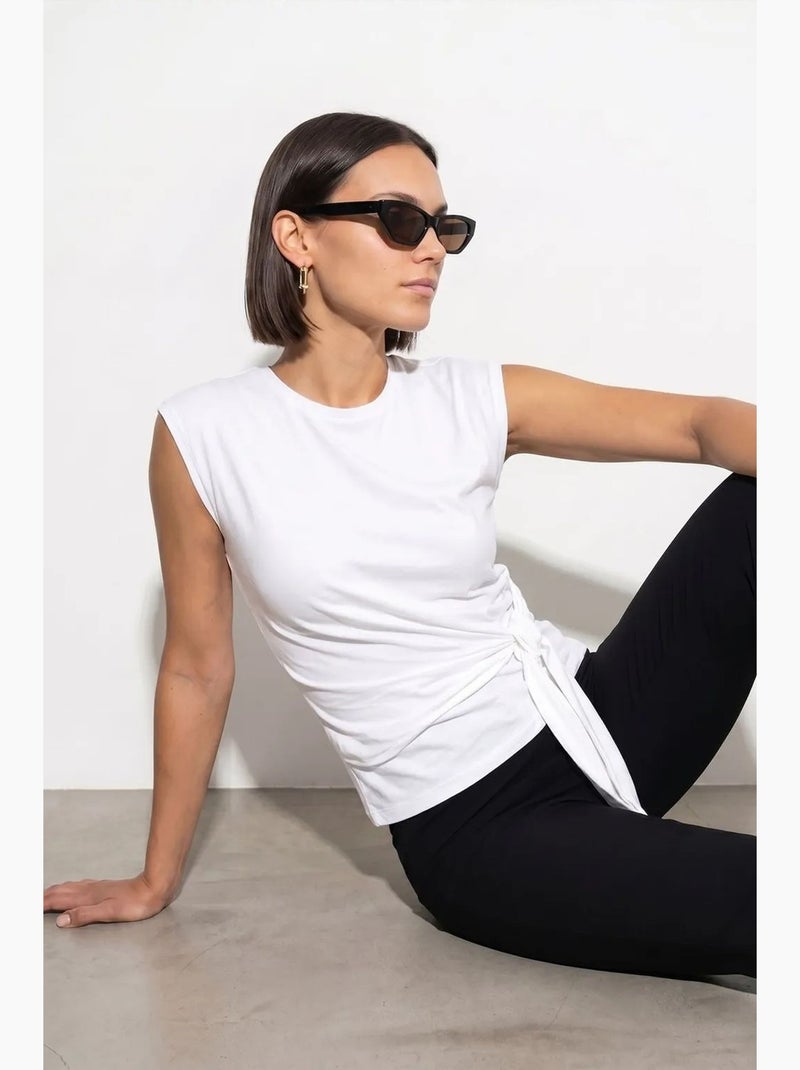 T-shirt femme en coton sans manches à col rond et lien dilvin Blanc - Kiabi