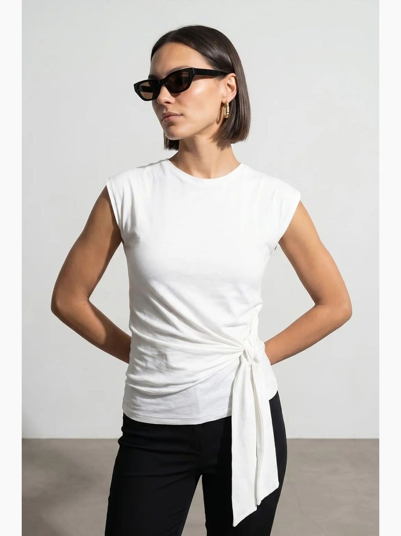T-shirt femme en coton sans manches à col rond et lien dilvin Blanc - Kiabi