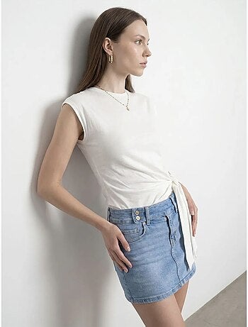 T-shirt femme en coton sans manches à col rond et lien