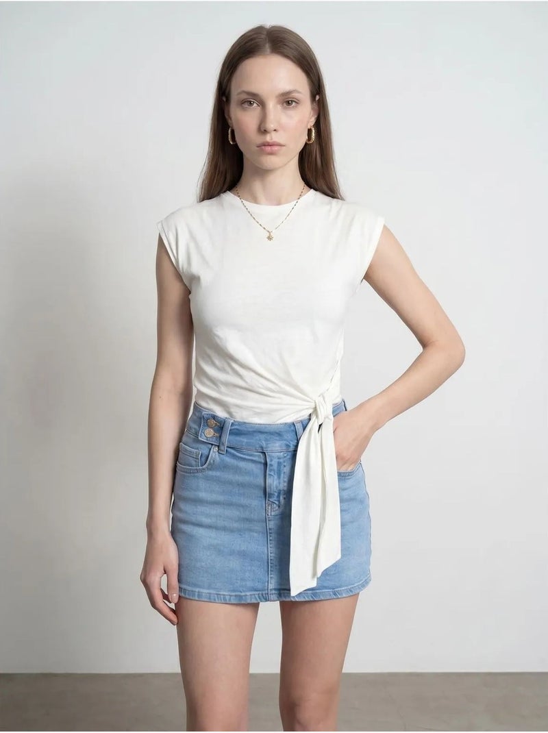 T-shirt femme en coton sans manches à col rond et lien Ivoire - Kiabi