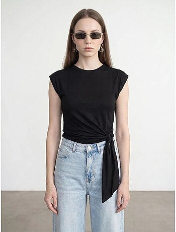 T-shirt femme en coton sans manches à col rond et lien