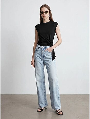 T-shirt femme en coton sans manches à col rond et lien