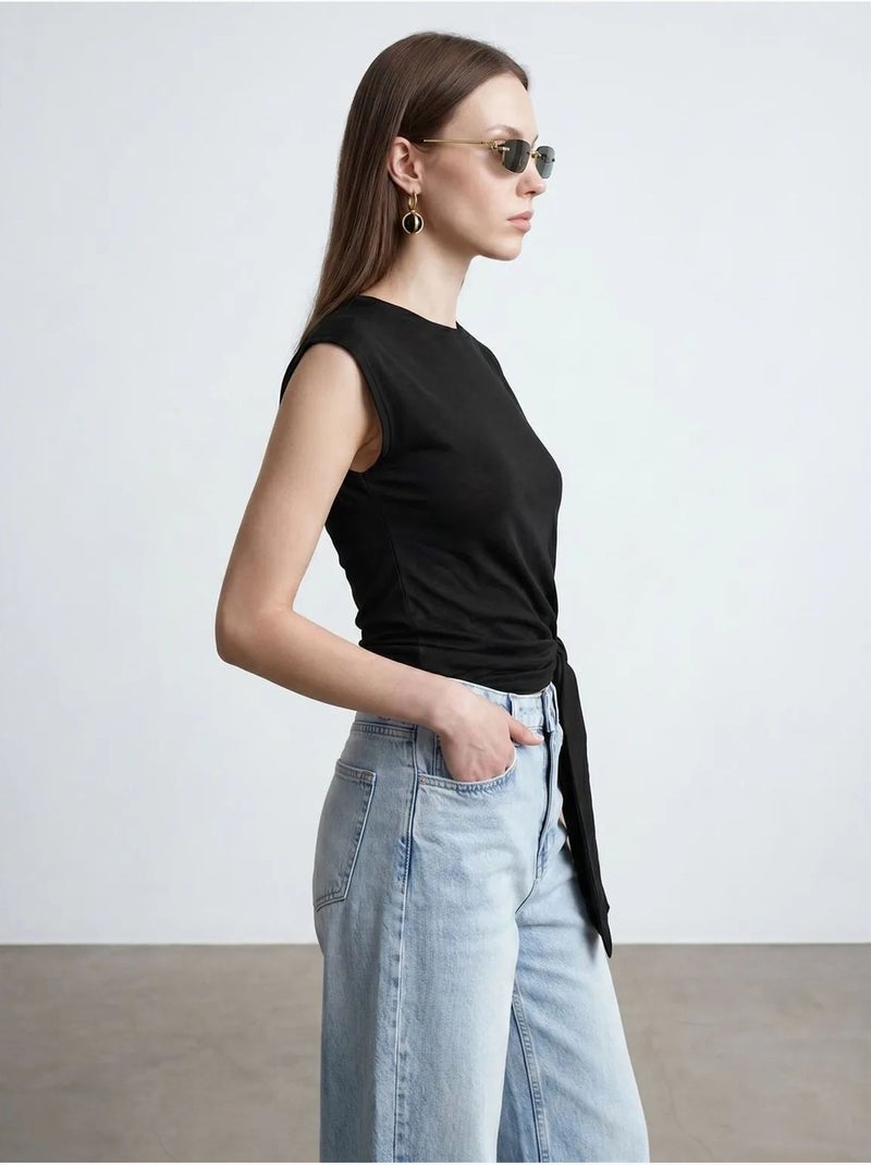 T-shirt femme en coton sans manches à col rond et lien Noir - Kiabi