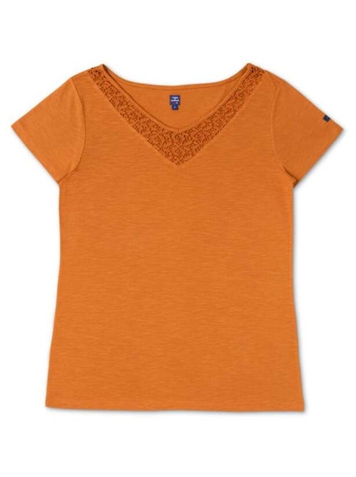 T-shirt Femme jaune ambré col V broderie - Kiabi
