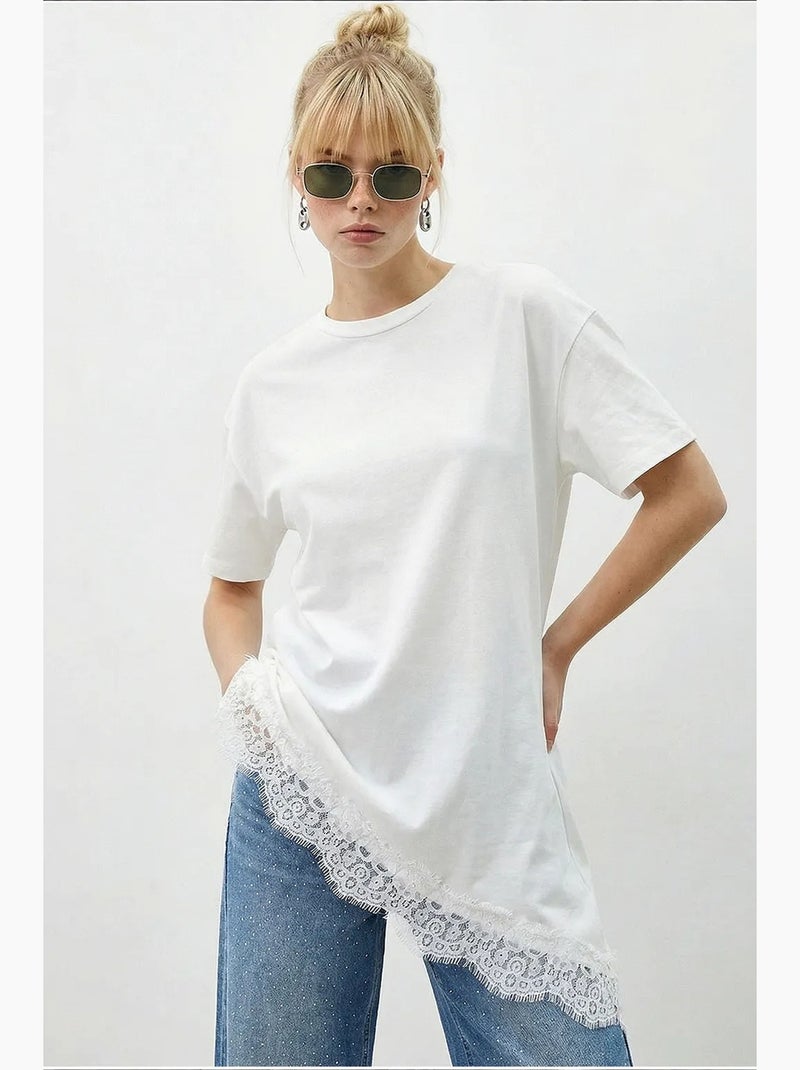 T-shirt femme long ample col rond lucci Blanc - Kiabi