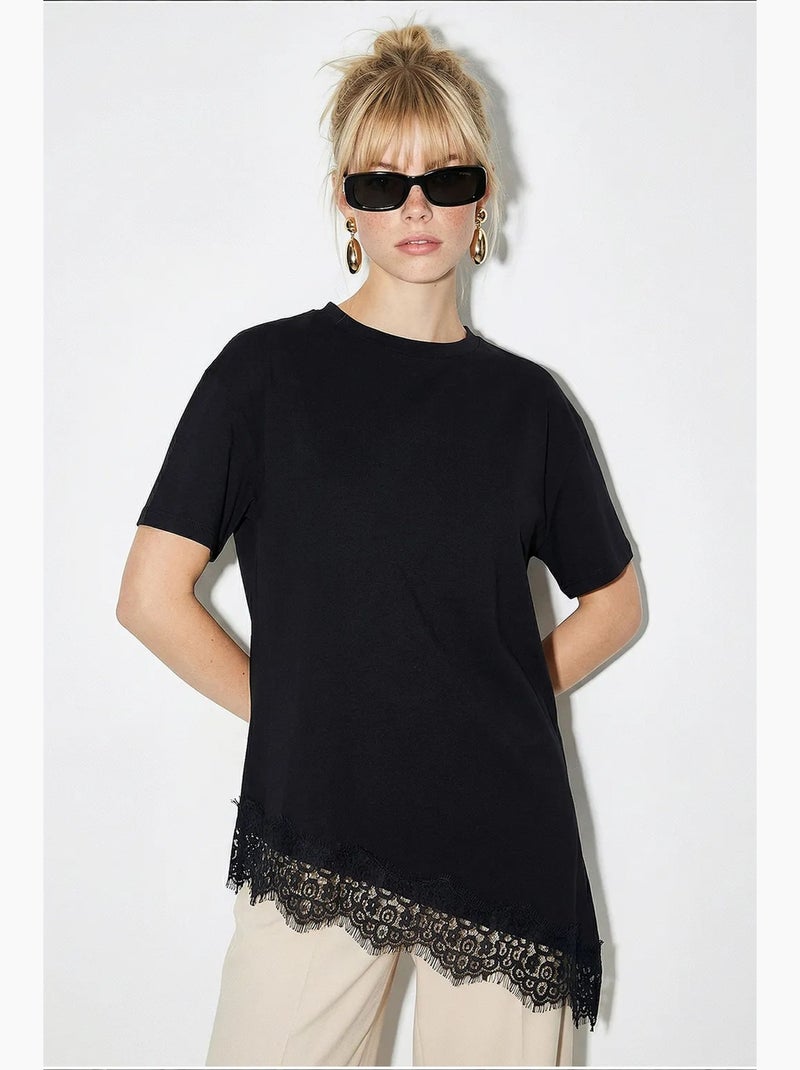 T-shirt femme long ample col rond lucci Noir - Kiabi