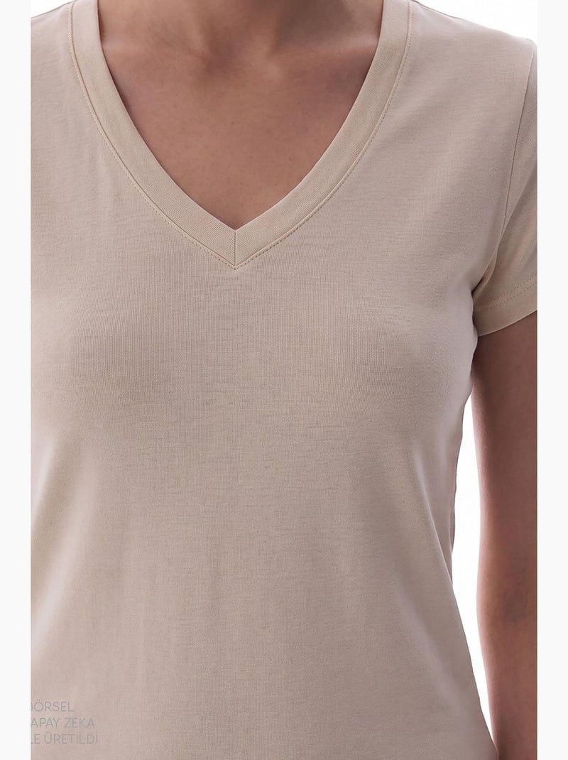 T-shirt femme modal à col v penti Beige naturel - Kiabi