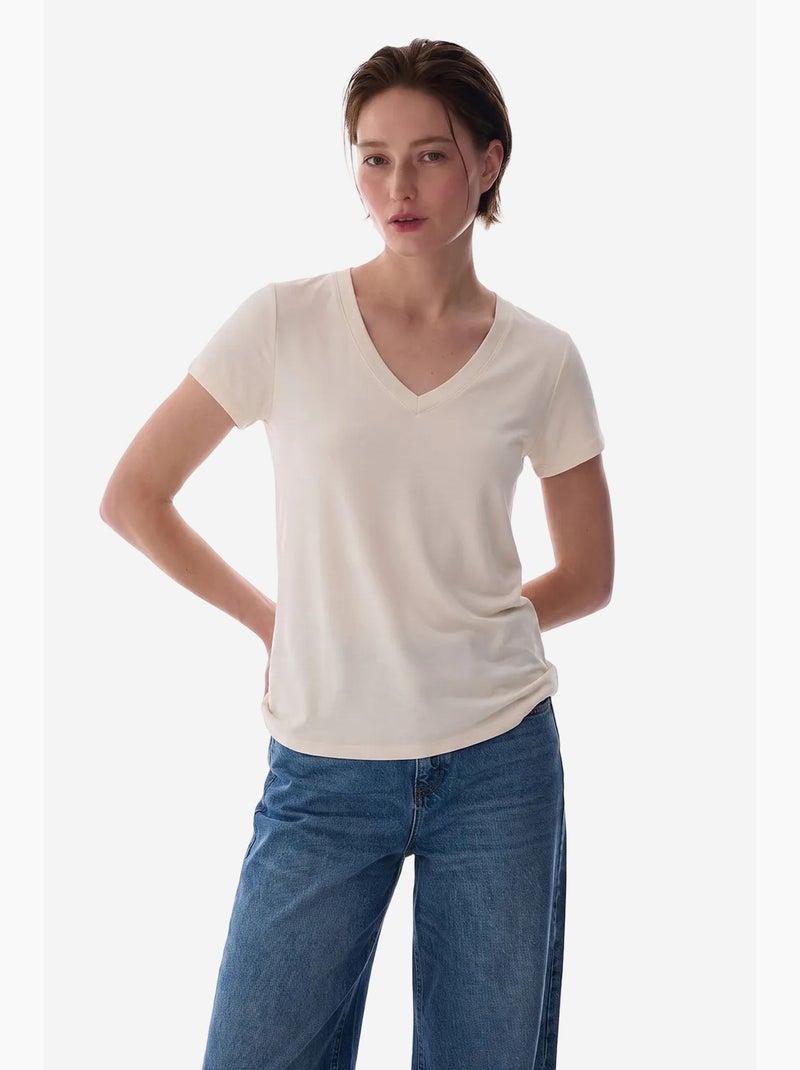 T-shirt femme modal à col v penti Beige naturel - Kiabi