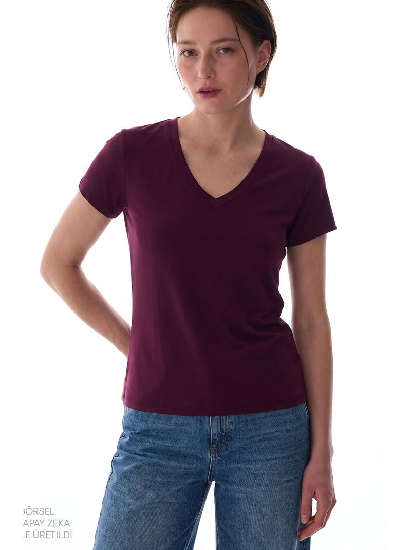 T-shirt femme modal à col v penti Rouge bordeaux - Kiabi