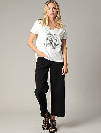 T-shirt femme motif rock à manches courtes et au col V en coton 'Deeluxe'