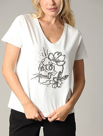 T-shirt femme motif rock à manches courtes et au col V en coton 'Deeluxe'