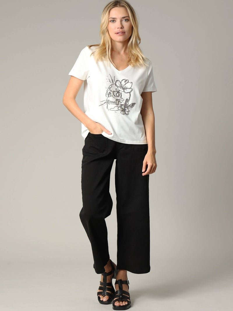 T-shirt femme motif rock à manches courtes et au col V en coton 'Deeluxe' Blanc - Kiabi