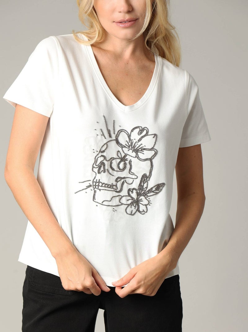 T-shirt femme motif rock à manches courtes et au col V en coton 'Deeluxe' Blanc - Kiabi