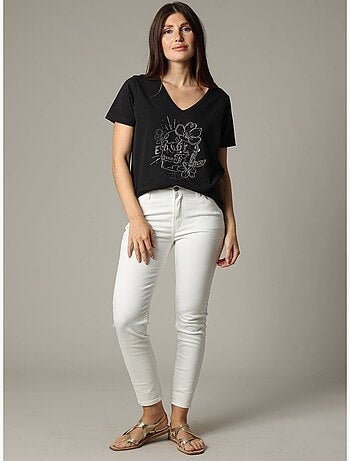 T-shirt femme motif rock à manches courtes et au col V en coton 'Deeluxe'