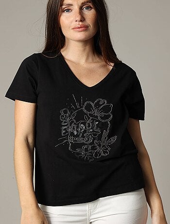 T-shirt femme motif rock à manches courtes et au col V en coton 'Deeluxe'
