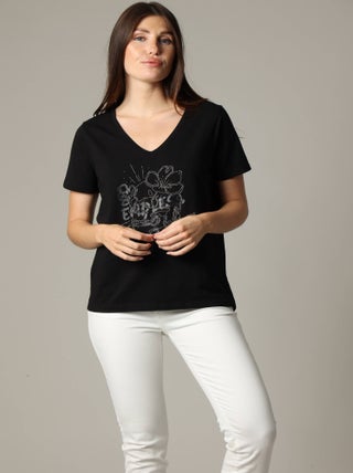 T-shirt femme motif rock à manches courtes et au col V en coton 'Deeluxe'