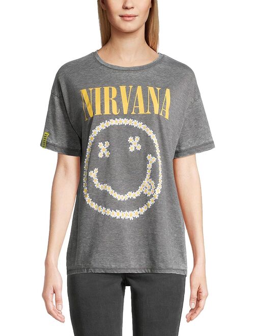 T-shirt Femme Nirvana Vintage Smiley Marguerite - Poly Coton - Gris Chiné - Kiabi