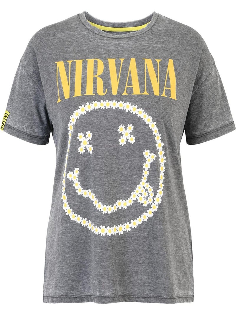T-shirt Femme Nirvana Vintage Smiley Marguerite - Poly Coton - Gris Chiné Gris - Kiabi