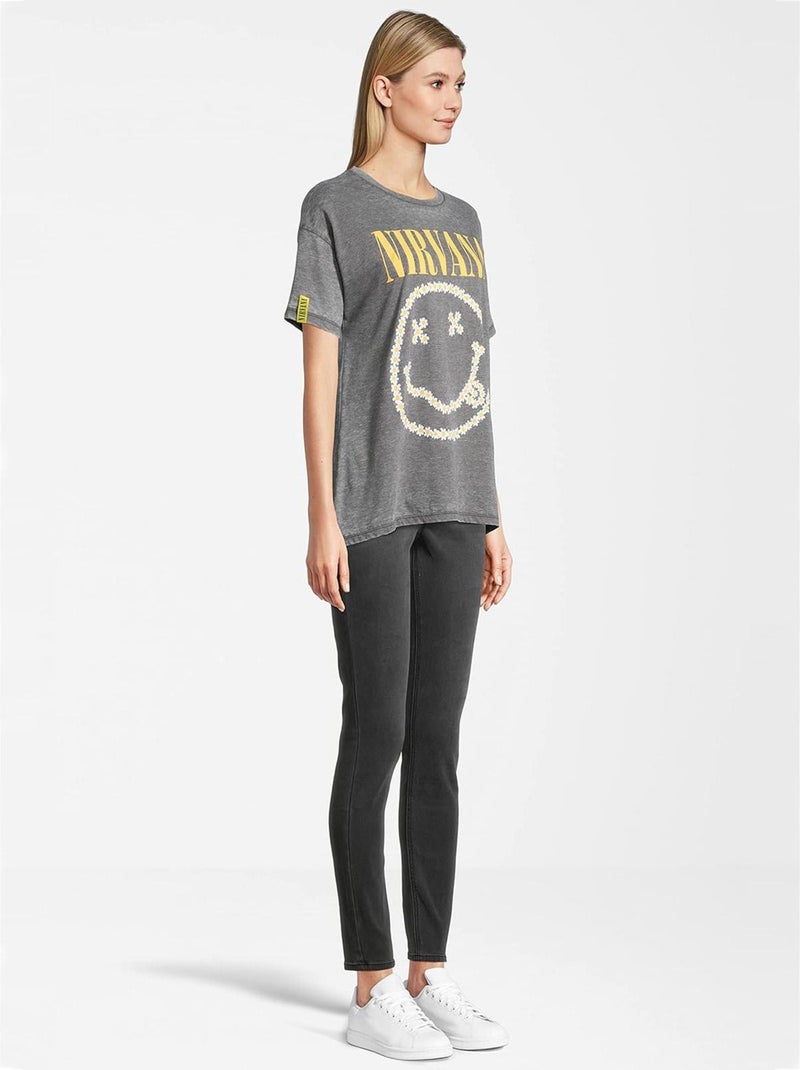 T-shirt Femme Nirvana Vintage Smiley Marguerite - Poly Coton - Gris Chiné Gris - Kiabi