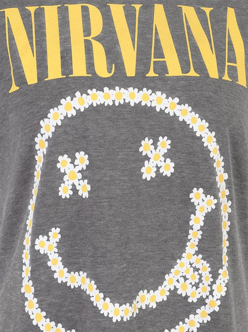 T-shirt Femme Nirvana Vintage Smiley Marguerite - Poly Coton - Gris Chiné Gris - Kiabi