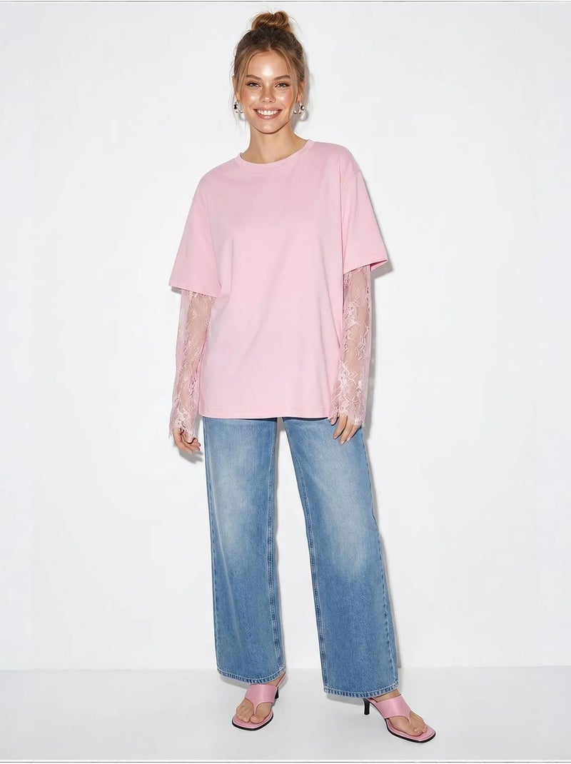 T-shirt femme oversize à col rond lucci Rose dragée - Kiabi