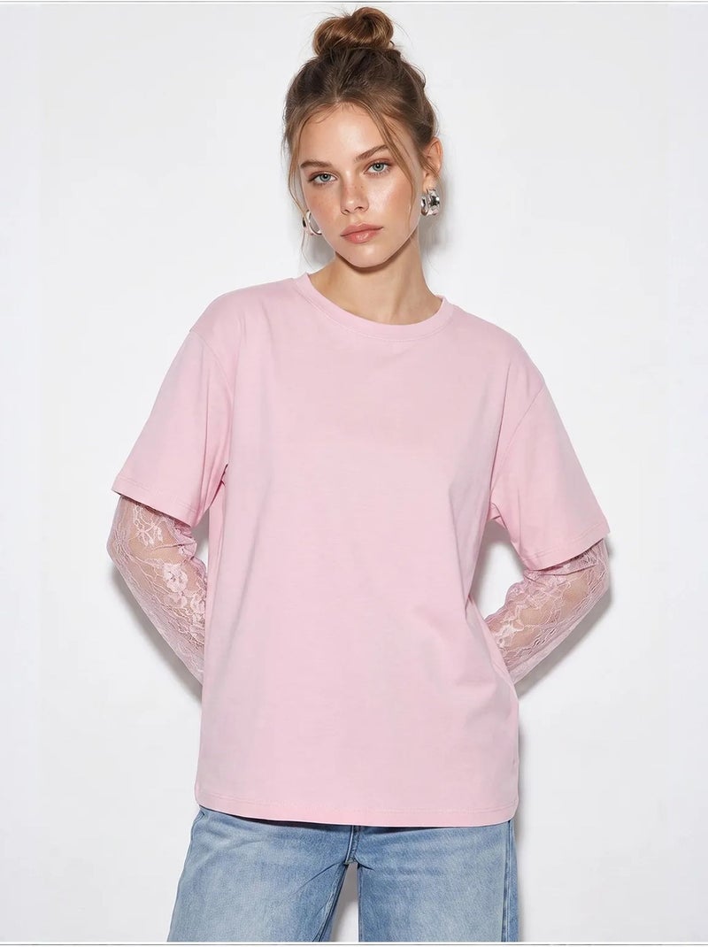 T-shirt femme oversize à col rond lucci Rose dragée - Kiabi
