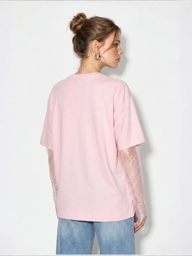 T-shirt femme oversize à col rond lucci Rose dragée - Kiabi