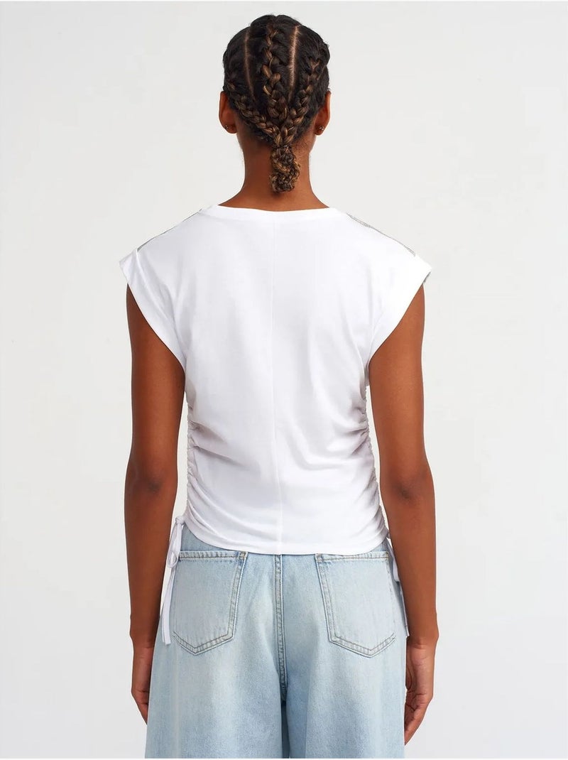 T-shirt Femme Sans Manches En Coton, Col Rond Et Lien Blanc - Kiabi