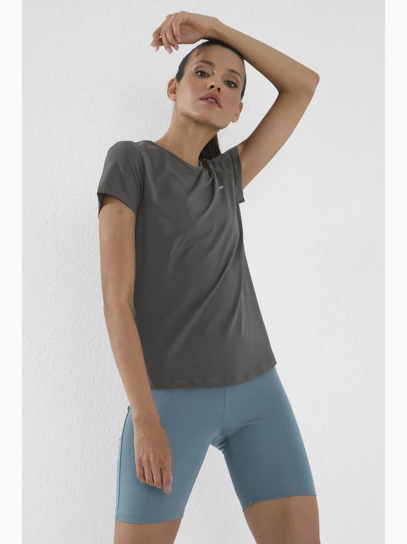 T-shirt femme uni à manches courtes et col rond tommy Gris Noir - Kiabi