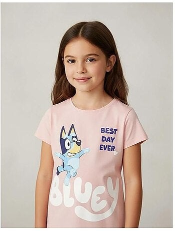 T-shirt fille - bluey - bluey - 100% coton - rose - imprimé personnage bluey
