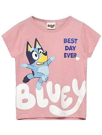 T-shirt fille - bluey - bluey - 100% coton - rose - imprimé personnage bluey