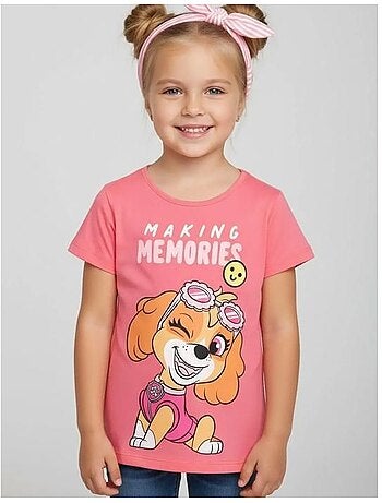 T-shirt fille - paw patrol - pat patrouille - 100% coton - rose - manches courtes