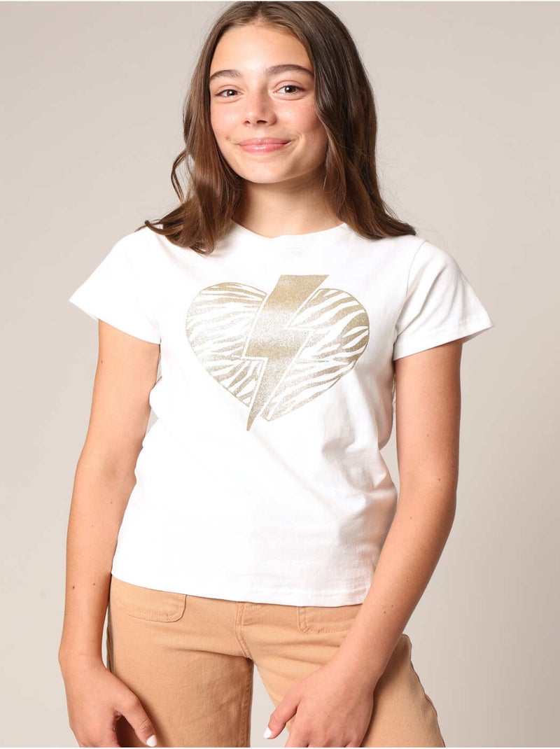 T-shirt fille 100% coton avec motif cœur zèbre et éclair pailleté 'Deeluxe' Blanc - Kiabi