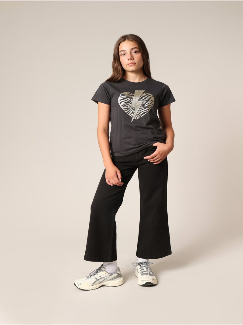 T-shirt fille 100% coton avec motif cœur zèbre et éclair pailleté 'Deeluxe' gris anthracite - Kiabi