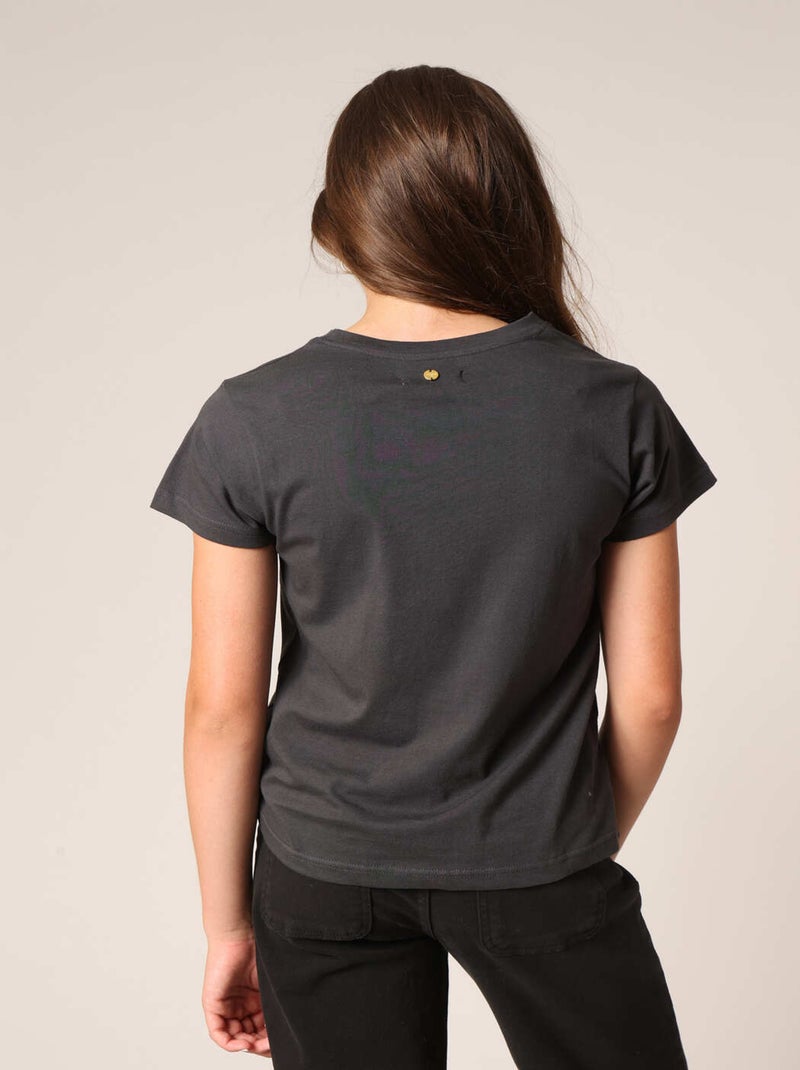 T-shirt fille 100% coton avec motif cœur zèbre et éclair pailleté 'Deeluxe' gris anthracite - Kiabi