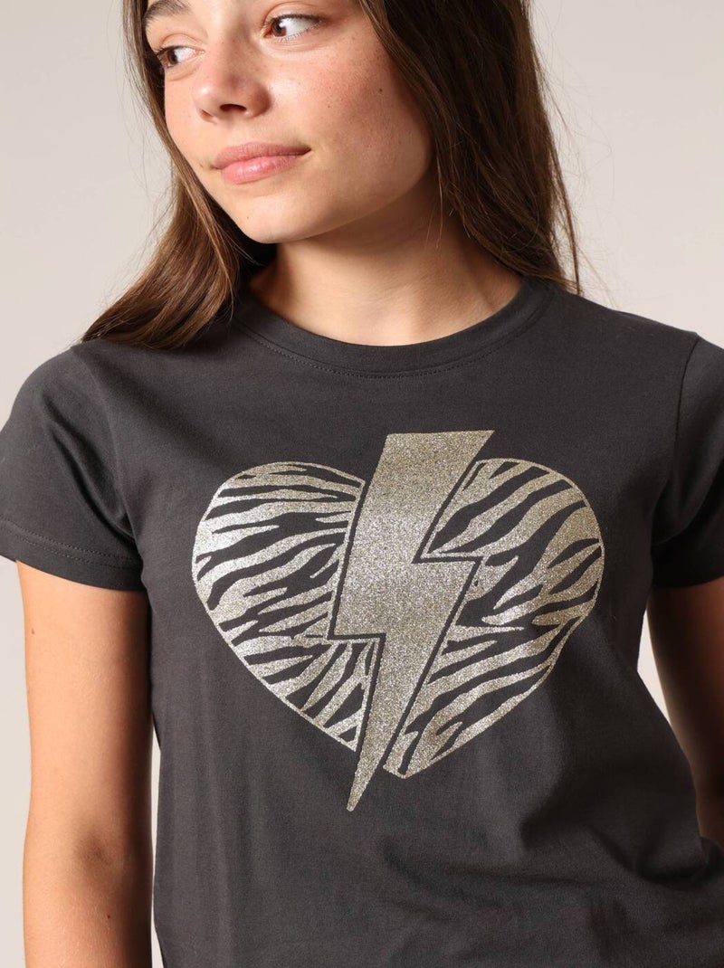 T-shirt fille 100% coton avec motif cœur zèbre et éclair pailleté 'Deeluxe' gris anthracite - Kiabi