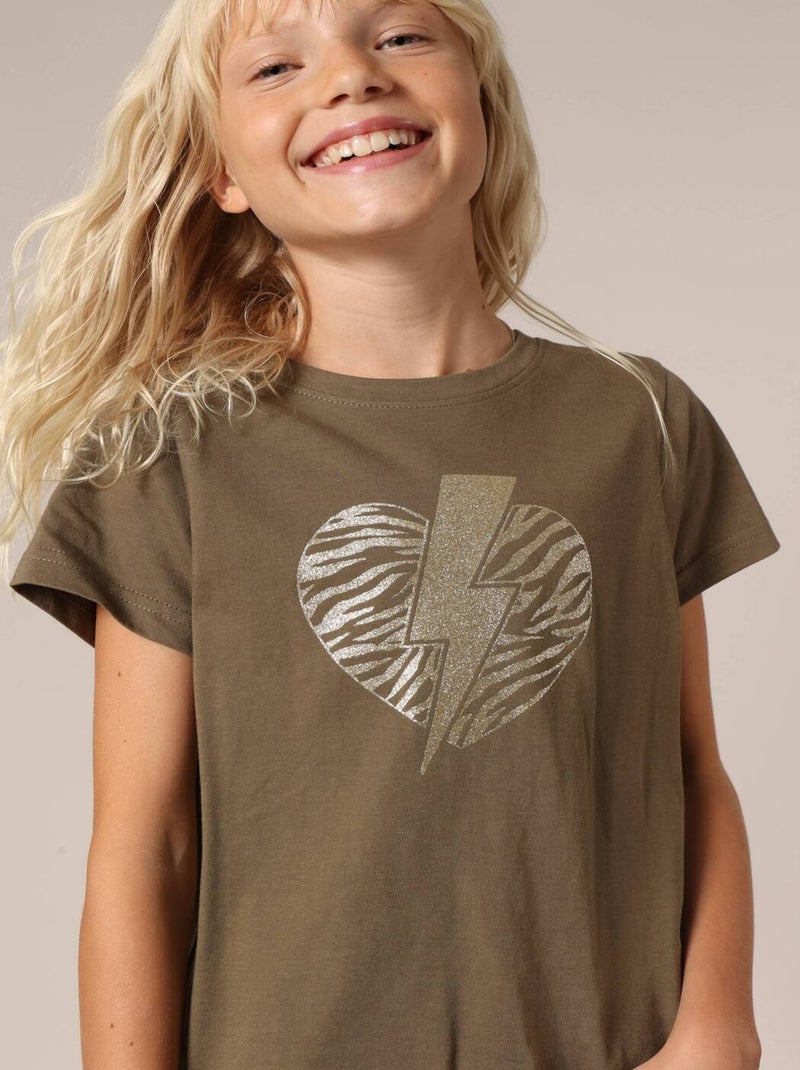 T-shirt fille 100% coton avec motif cœur zèbre et éclair pailleté 'Deeluxe' Vert kaki clair - Kiabi