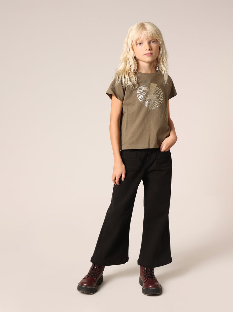 T-shirt fille 100% coton avec motif cœur zèbre et éclair pailleté 'Deeluxe' Vert kaki clair - Kiabi