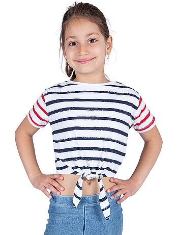 T-shirt fille coton léger 'Breizh Océan', Tee shirt noué à la taille