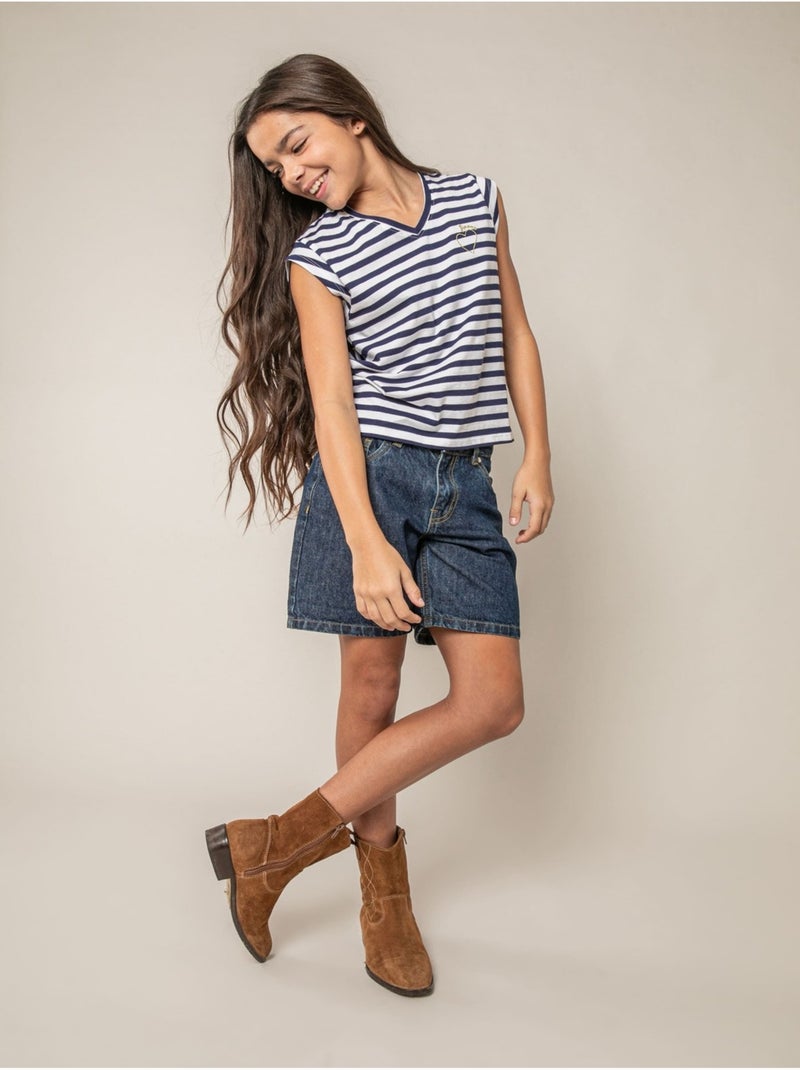 T-shirt fille en coton 'Deeluxe' Bleu marine - Kiabi