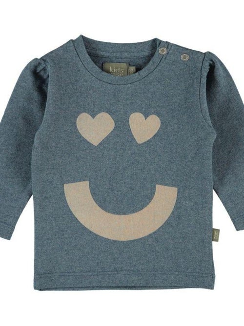 T-Shirt Fille "Happy" Bio Bleu-Gris - Kiabi