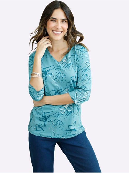 T-shirt fluide à imprimé floral et col en v avec manches 3/4 - taille standard - moda vilona - Kiabi T-shirt fluide à imprimé floral et col en v avec manches 3/4 - taille standard - moda vilona - Kiabi