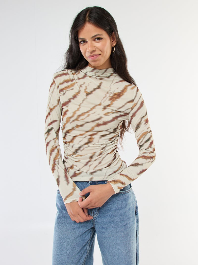 T-shirt fluide avec col montant à motif Beige - Kiabi