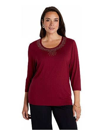 T-shirt fluide avec strass manches 3/4